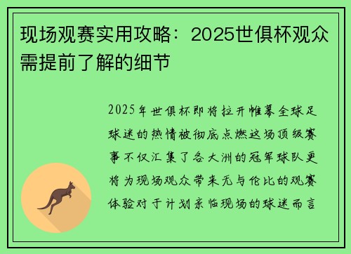现场观赛实用攻略：2025世俱杯观众需提前了解的细节