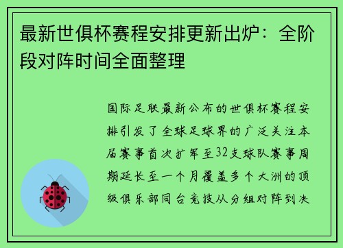 最新世俱杯赛程安排更新出炉：全阶段对阵时间全面整理